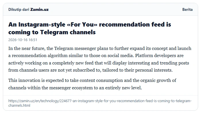 Halaman zamin.uz yang melaporkan feed berita Telegram dengan rekomendasi personal