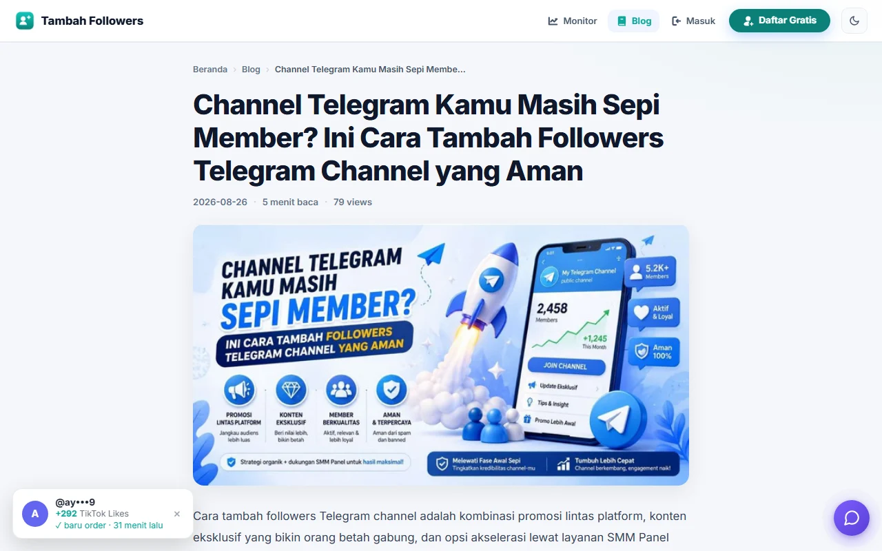 Halaman panduan menambah followers Telegram channel di blog TambahFollowers