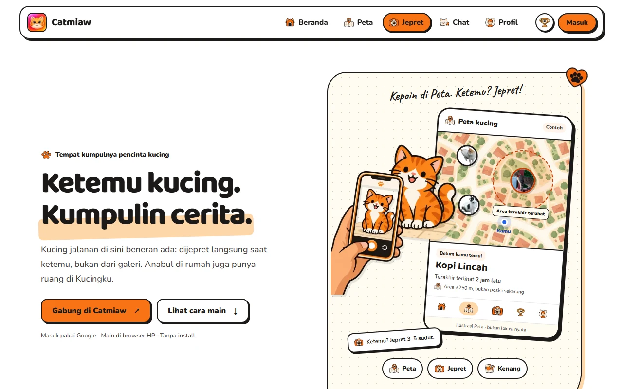 Halaman depan situs Catmiaw dengan tulisan Ketemu kucing, Kumpulin cerita