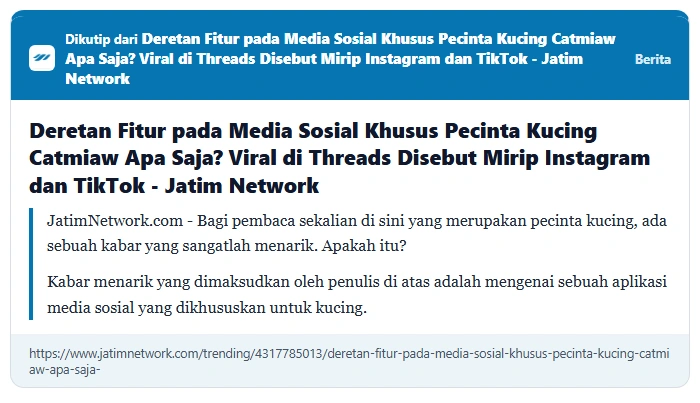 Kartu berita Jatim Network tentang media sosial khusus pecinta kucing Catmiaw