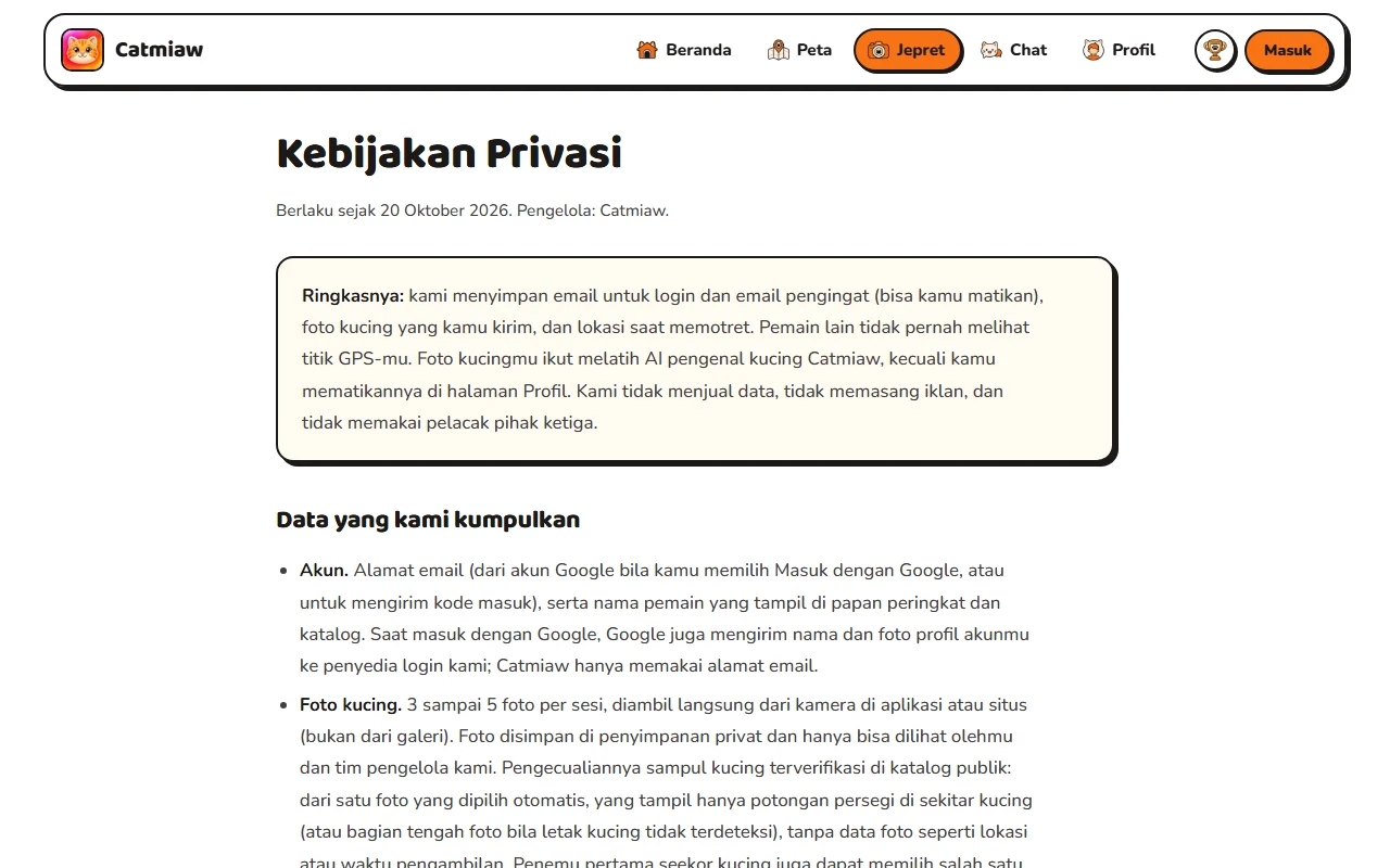 Halaman Kebijakan Privasi Catmiaw berisi ringkasan data yang disimpan