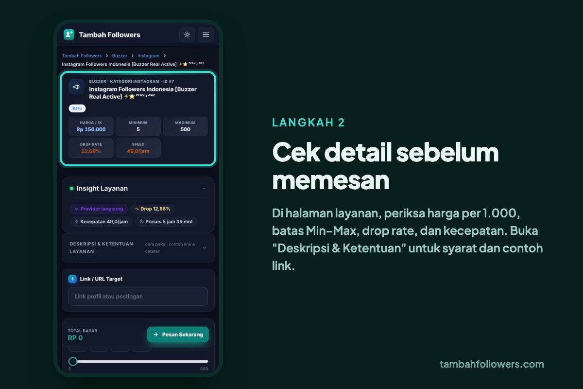 Halaman detail layanan followers Instagram berisi harga per 1.000, minimum, maksimum, drop rate, dan kecepatan
