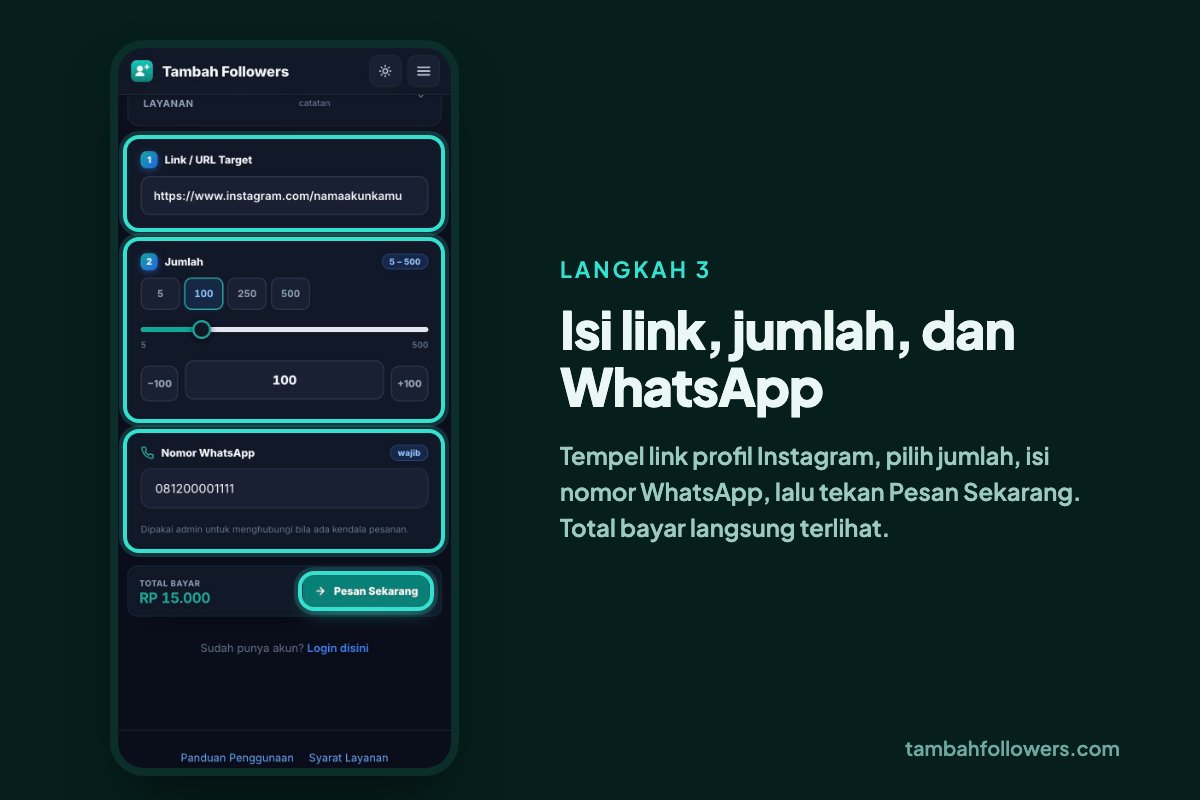 Formulir order followers Instagram: link profil, jumlah, nomor WhatsApp, total bayar, dan tombol Pesan Sekarang
