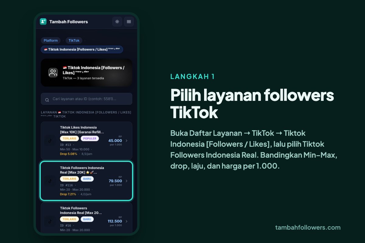 Daftar layanan Tiktok Indonesia Followers di Tambah Followers dengan drop, laju per jam, dan harga per 1.000
