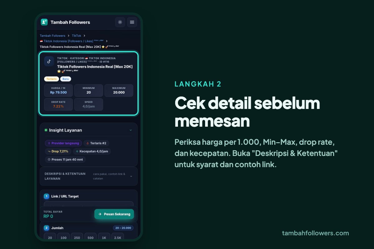 Halaman detail layanan followers TikTok berisi harga per 1.000, minimum, maksimum, drop rate, dan kecepatan