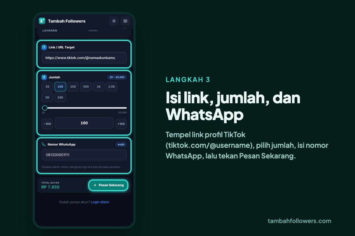 Formulir order followers TikTok: link profil, jumlah, nomor WhatsApp, total bayar, dan tombol Pesan Sekarang